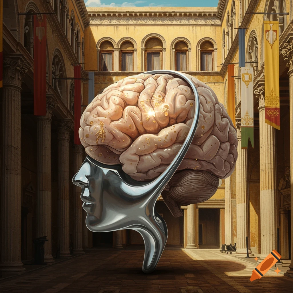 A large human brain with golden patterns sits within a metallic profile of a head, in a classical architectural hall.
