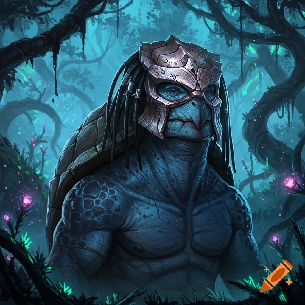 Muscular blue turtle-humanoid creature with dreadlocks and a metal Predator mask stands in a glowing fantasy jungle.