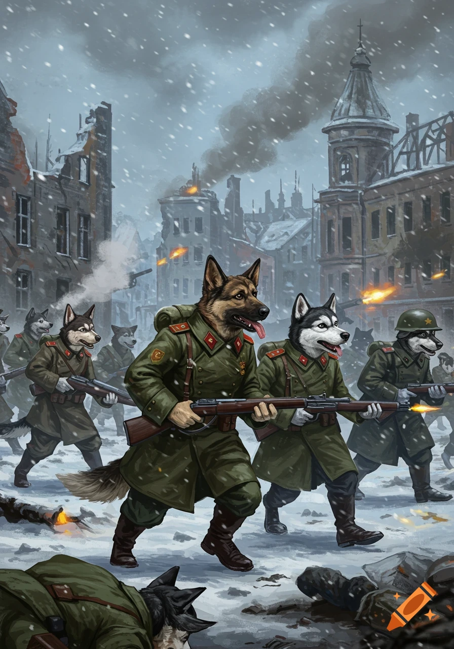 Digital painting of anthropomorphic dog soldiers in WW2-era uniforms with rifles, running through a snowy, destroyed city under fire.