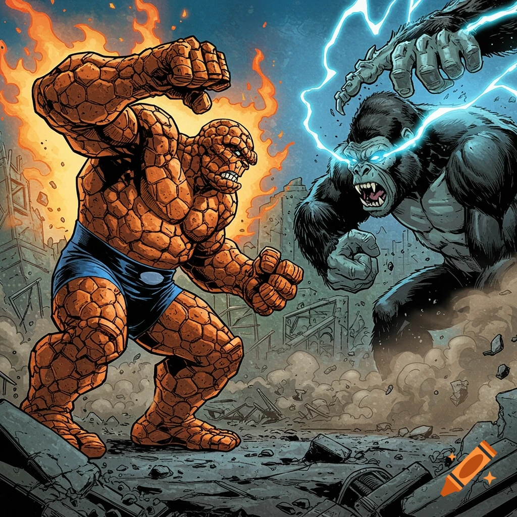 The Thing battles a giant gorilla with electric powers in a destroyed city, drawn in a vibrant comic book art style.