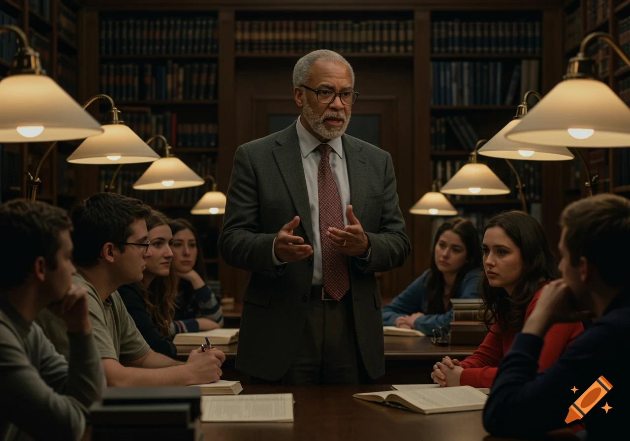 An inspiring university professor gestures to diverse students listening intently in a book-lined study.