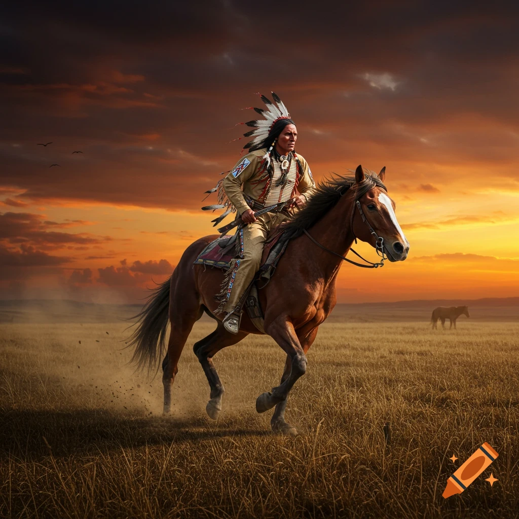Photorealistic image of a Native American warrior on horseback, galloping across a prairie at sunset.