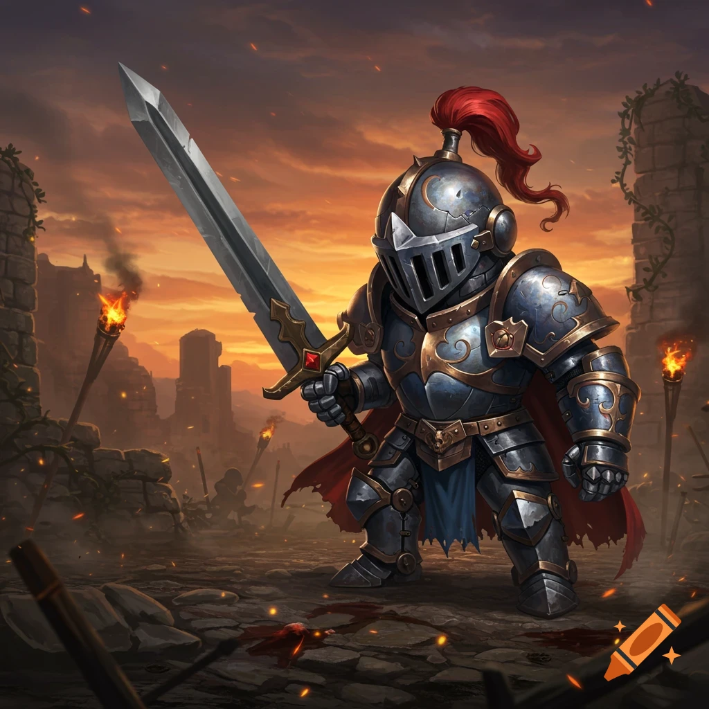A cartoonish knight in blue and gold armor holds a large sword on a ruined battlefield at sunset in a video game art style.