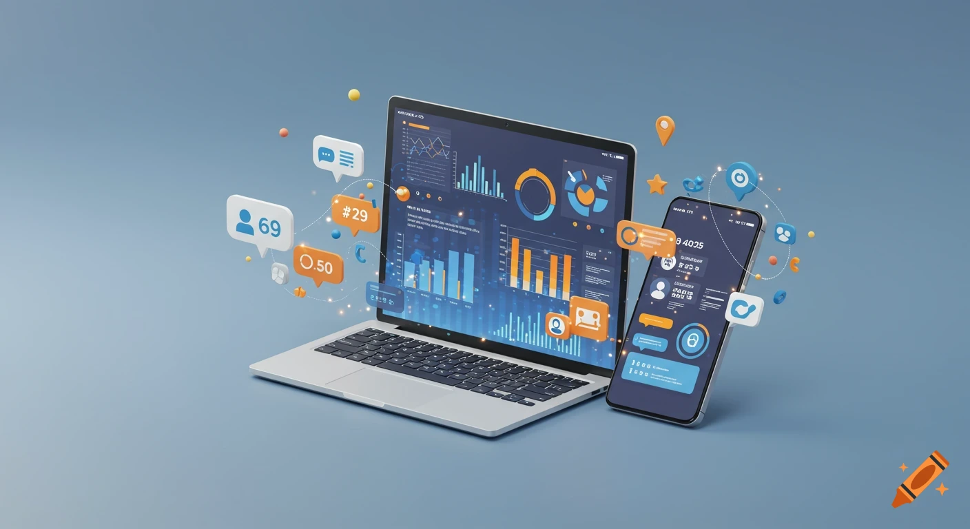 A 3D render of a laptop and smartphone surrounded by social media icons and data visualization charts, representing digital marketing.