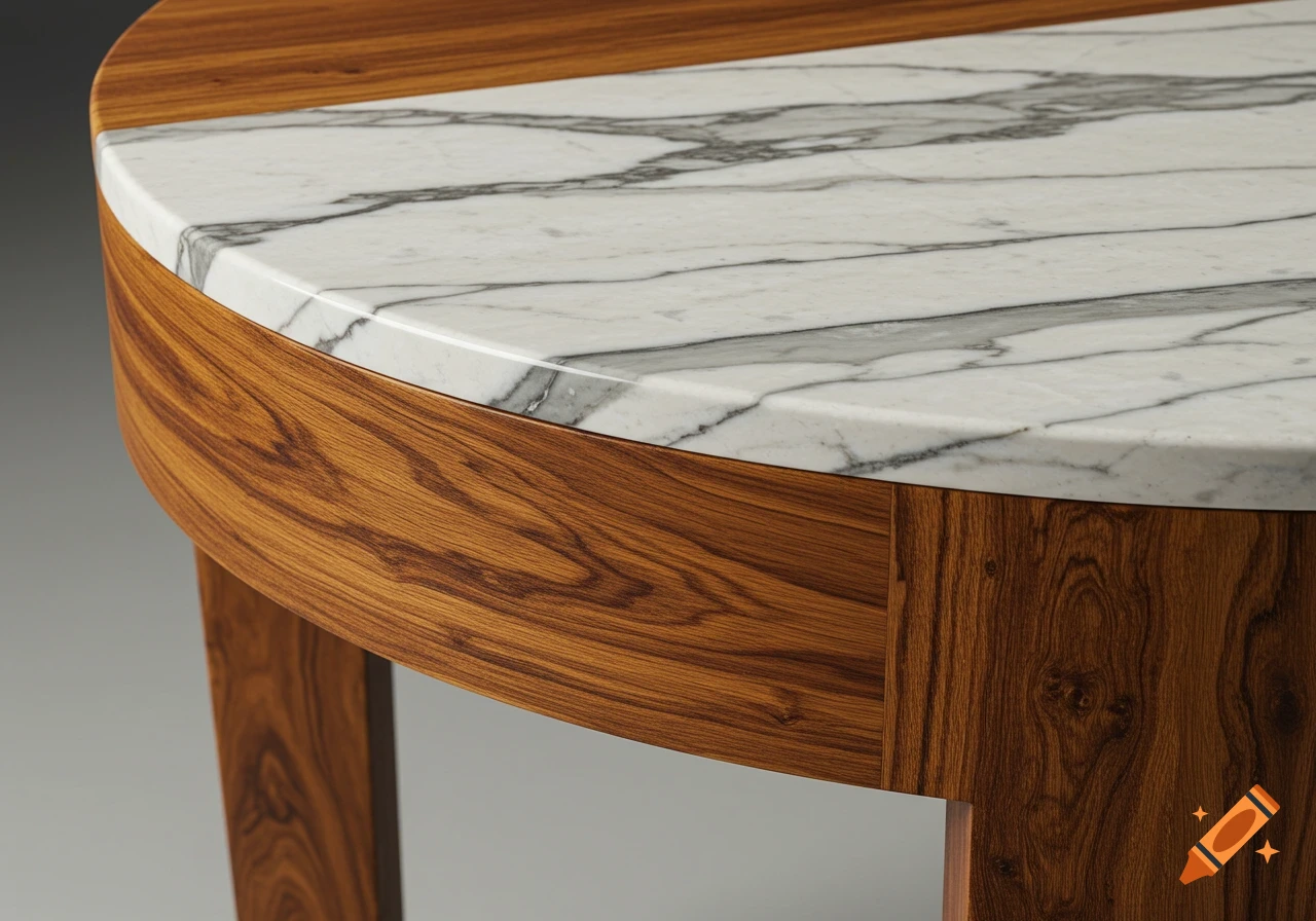 Close-up of a semi-circular wooden table with a white marble top, highlighting wood grain and marble veining.