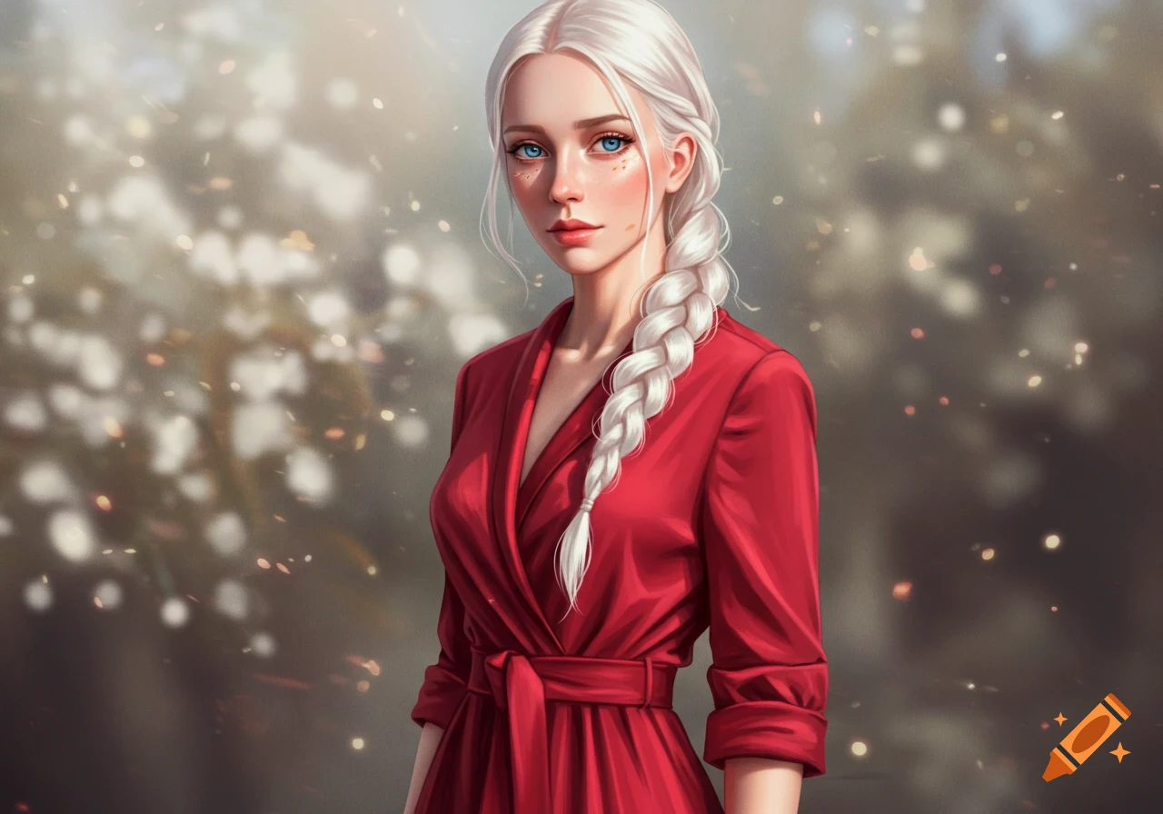 A woman with long platinum blonde hair in a braid, blue eyes, and freckles, wearing a red belted midi dress, against a blurry, bright bokeh background.