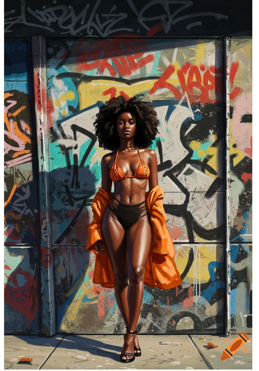 A dark-skinned woman with a voluminous afro wears an orange bikini and jacket in front of a colorful graffiti wall.