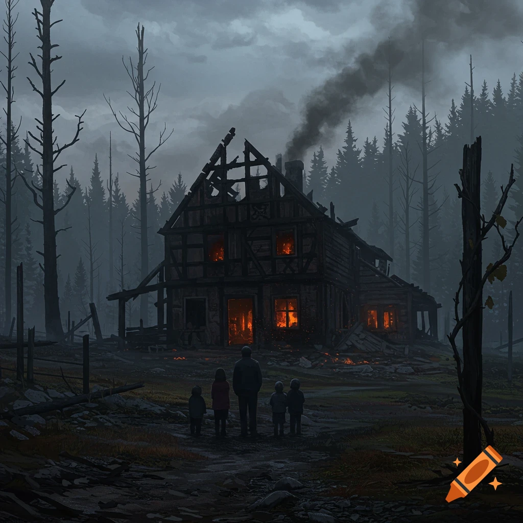 A family of five stands on a path, looking at their burnt-out house in a dark, misty forest, digital painting.