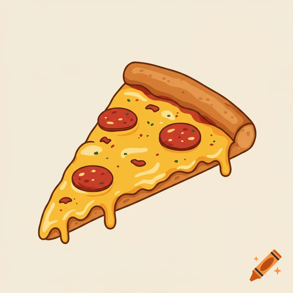 A cartoon vector-style illustration of a slice of pepperoni pizza with dripping cheese on a light background.