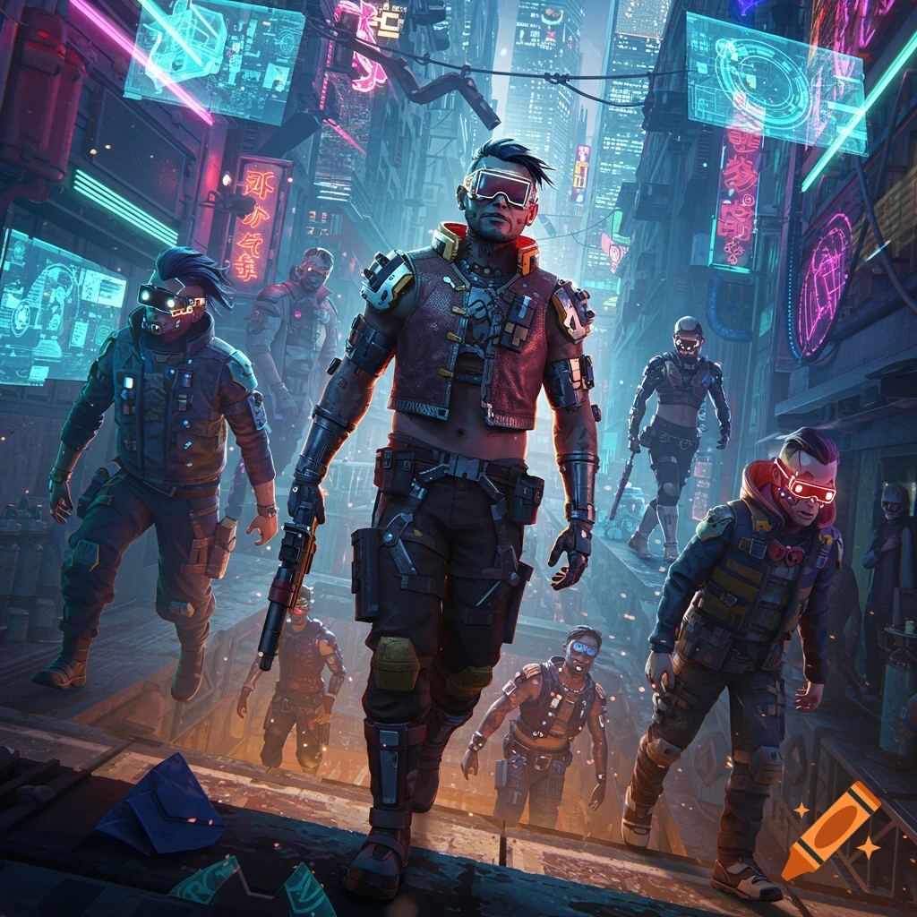 A group of cyberpunk characters walks through a neon-lit, dystopian futuristic city street.