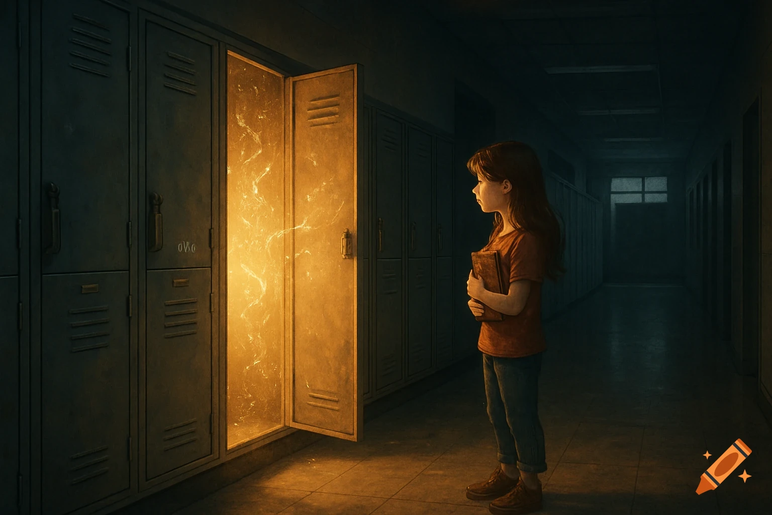 A young girl with a book stands in a dark school hallway, looking at a locker emitting a golden, swirling light.