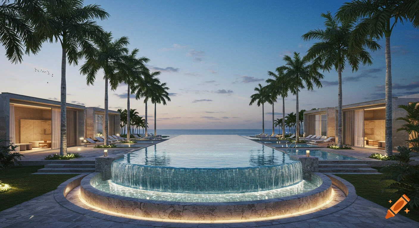 A luxurious, elevated infinity pool with a waterfall feature surrounded by palm trees and modern cabanas at dusk, overlooking the ocean.