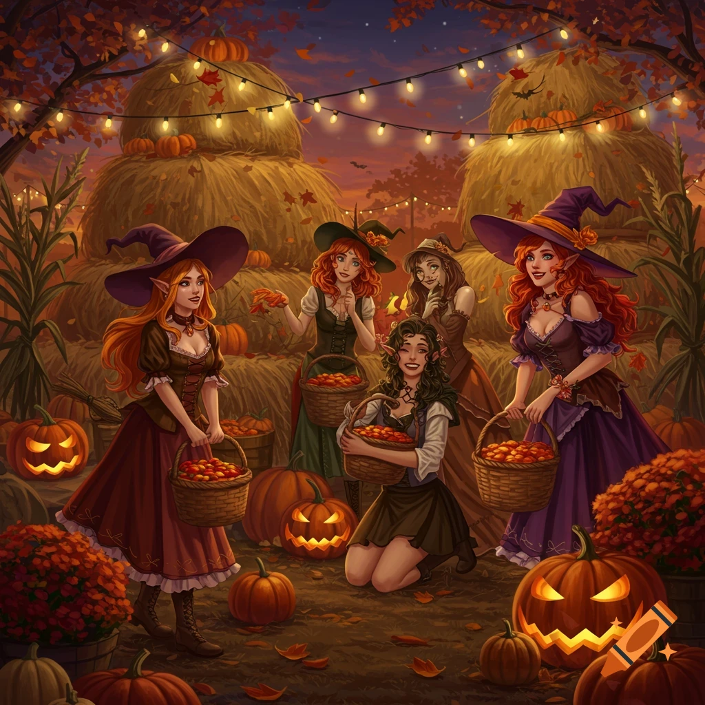 Five fantasy women dressed as witches gather pumpkins and fruit in baskets at an autumn harvest festival with hay bales and string lights.