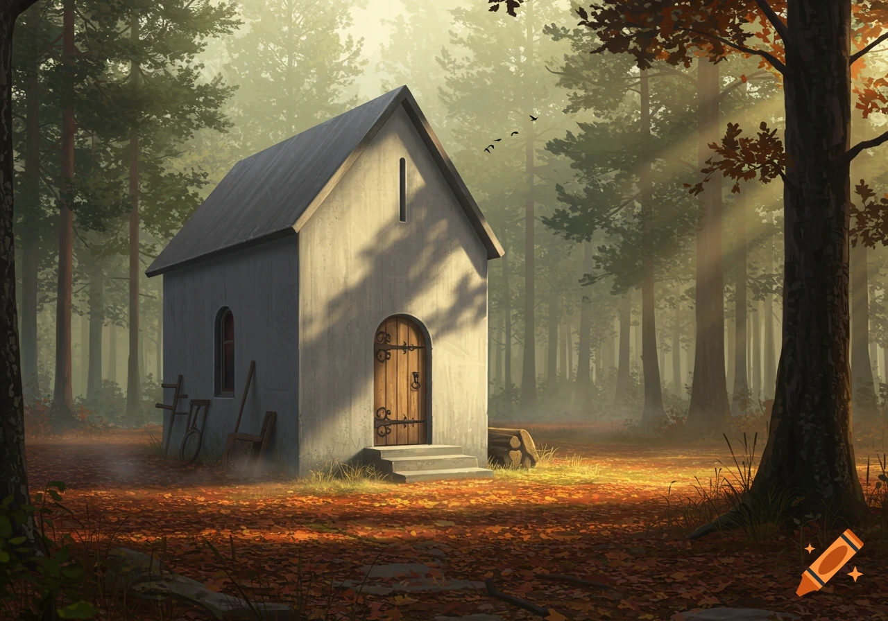 A small chapel-style workshop with a wooden door sits in a misty forest, with autumn leaves on the ground and sunlight filtering through tall trees.