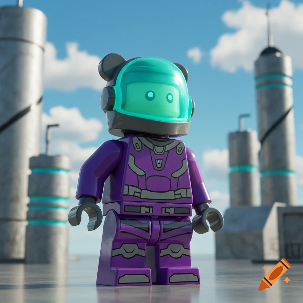A purple Lego astronaut figure with a teal visor and mouse ears stands on a reflective surface against a futuristic city backdrop under a blue sky.