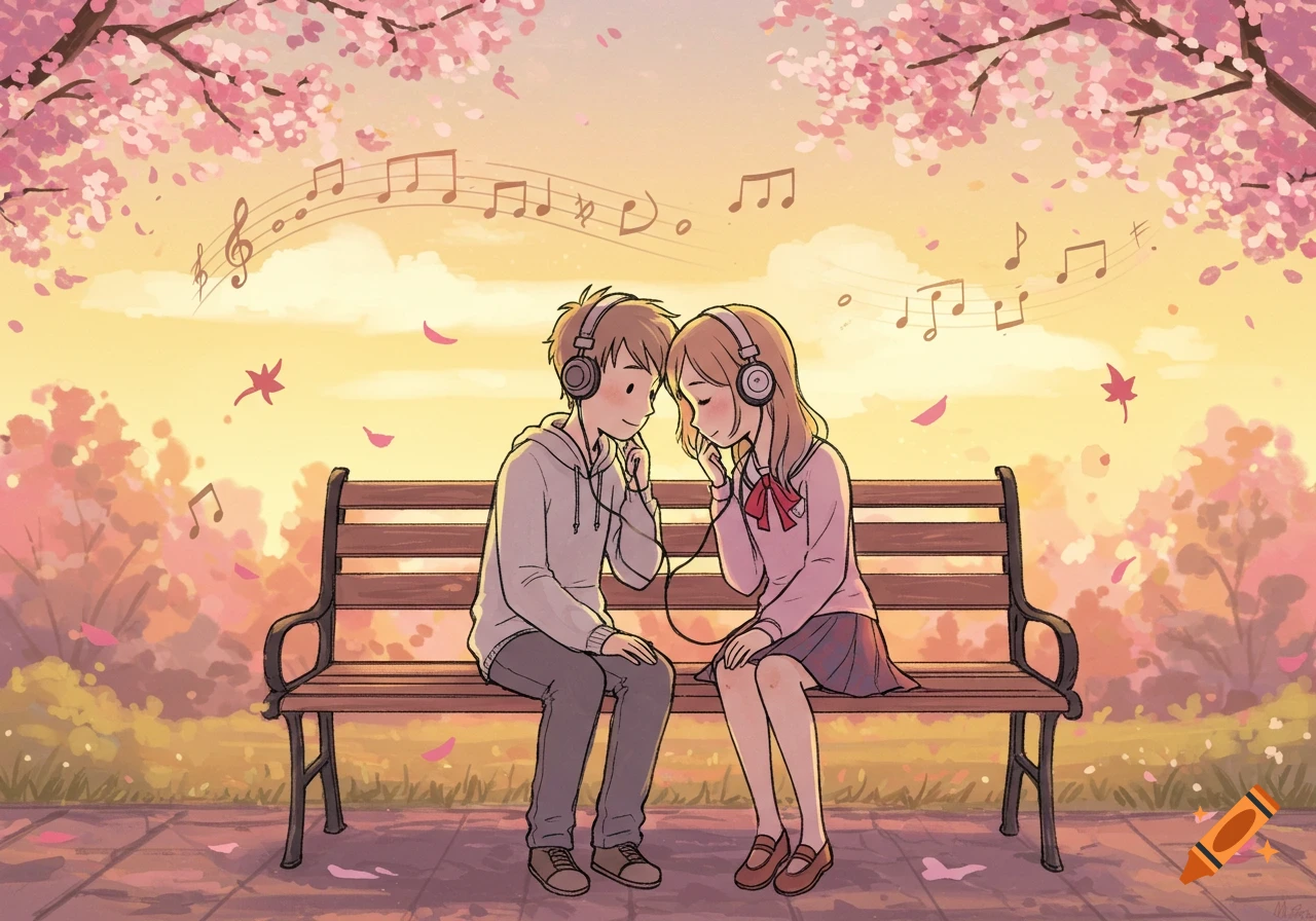An anime illustration of a boy and girl sharing headphones on a park bench under cherry blossoms, with musical notes floating.