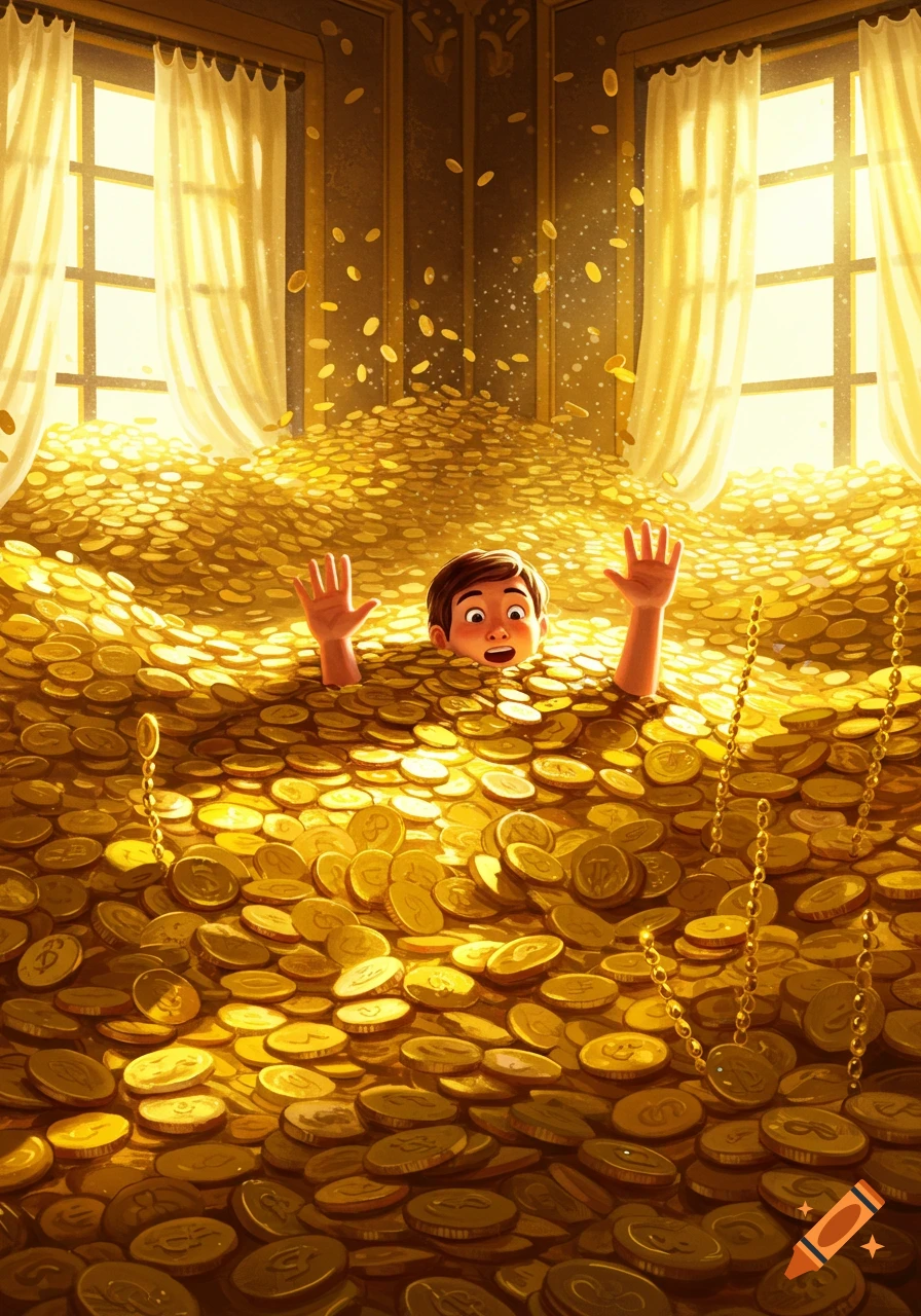 An illustrated child buried in a massive pile of gold coins, hands raised, eyes wide, in a sunlit room.