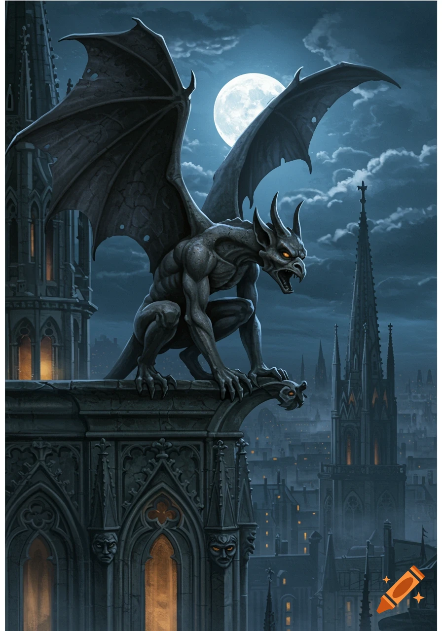 A detailed gargoyle perches on a gothic cathedral against a full moon and cloudy night sky, overlooking a city.