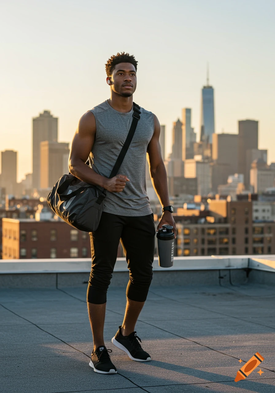 Athletic man on a rooftop at sunset, holding a shaker bottle and duffel bag, with a cityscape background.
