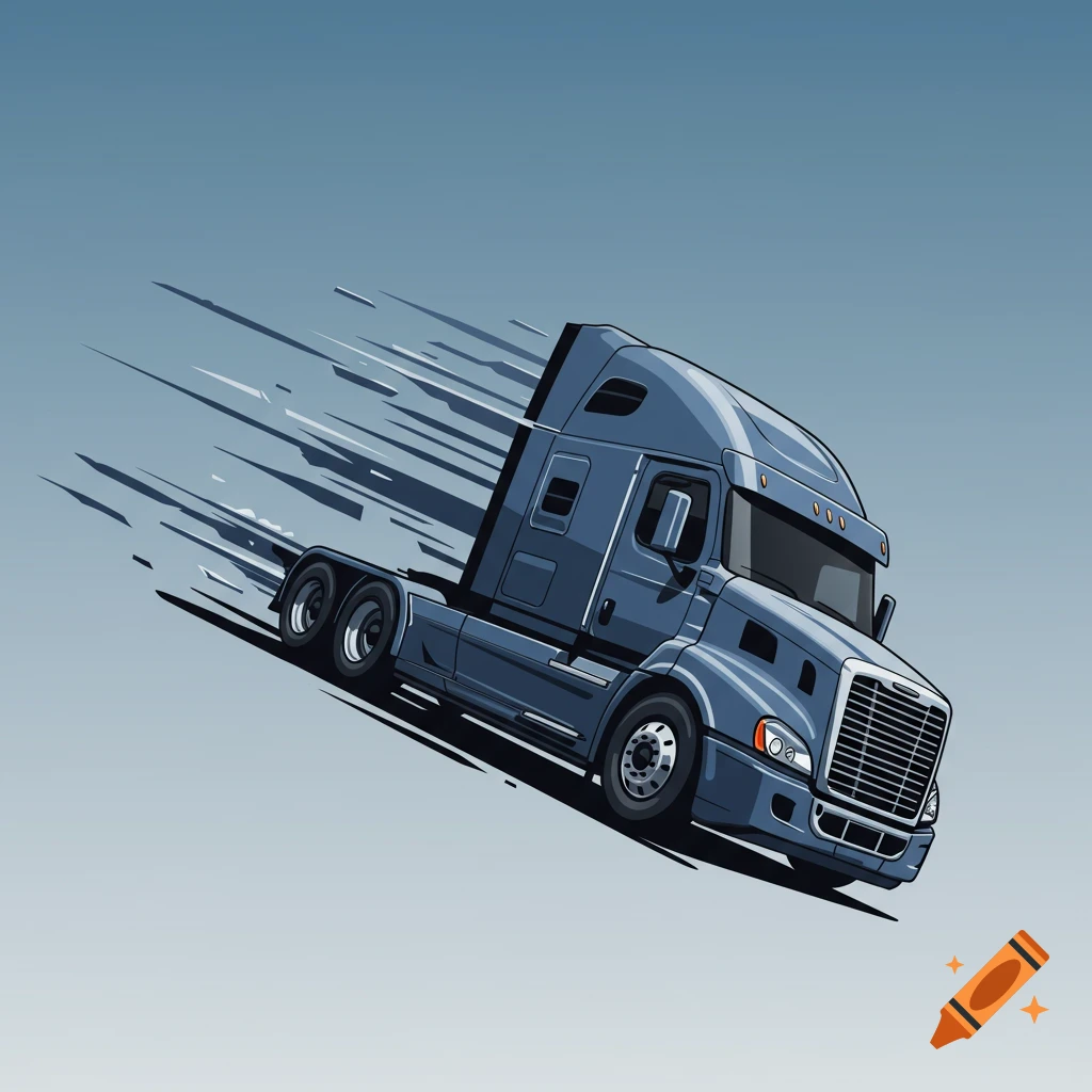 A stylized blue semi-truck depicted at an angle, appearing to slide quickly with motion lines trailing behind it.