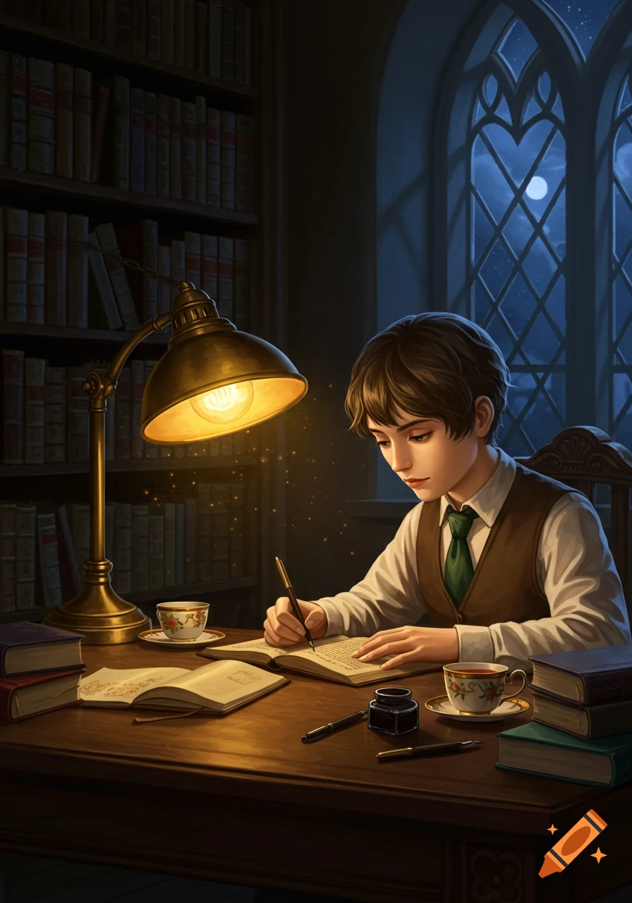 A young student with brown hair diligently writes in a book at a wooden desk under a glowing brass lamp, surrounded by bookshelves, with a full moon visible through a Gothic window.