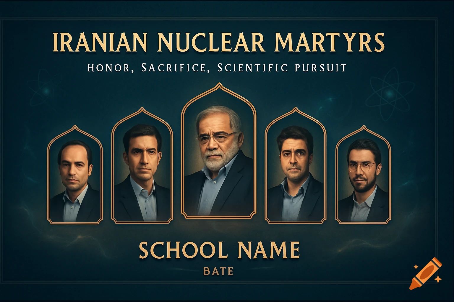A dark teal commemorative poster for 'Iranian Nuclear Martyrs' with five portraits of men in arch-shaped frames and golden text. Atomic patterns in background.