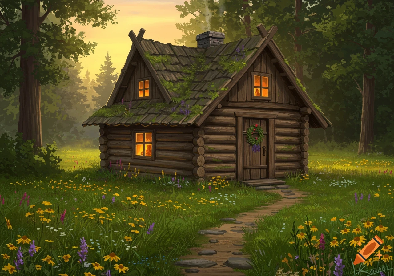 A rustic log cabin with a mossy roof and glowing windows sits in a sunlit forest clearing filled with colorful wildflowers.