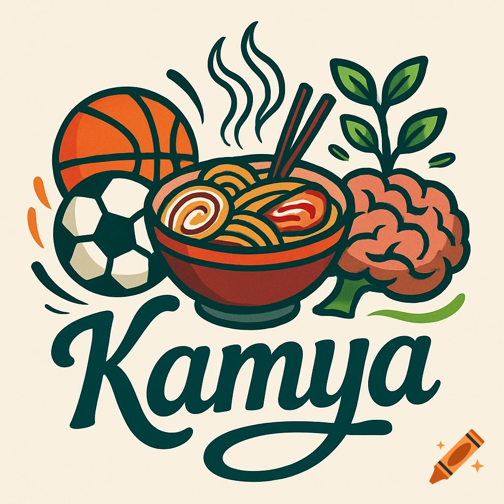 A colorful logo for 'Kamya' with ramen, basketball, soccer ball, brain, and a plant in a stylized illustration.