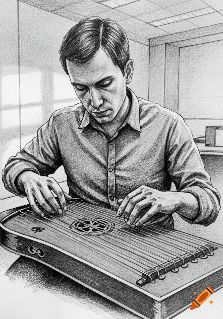 Pencil drawing of a man playing a zither, focused on the strings, in an office setting.