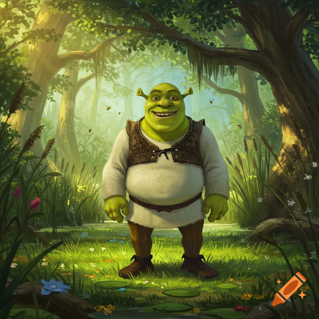 Shrek smiling in a vibrant, sunny forest clearing with swamp plants and flying insects around him, digital art.