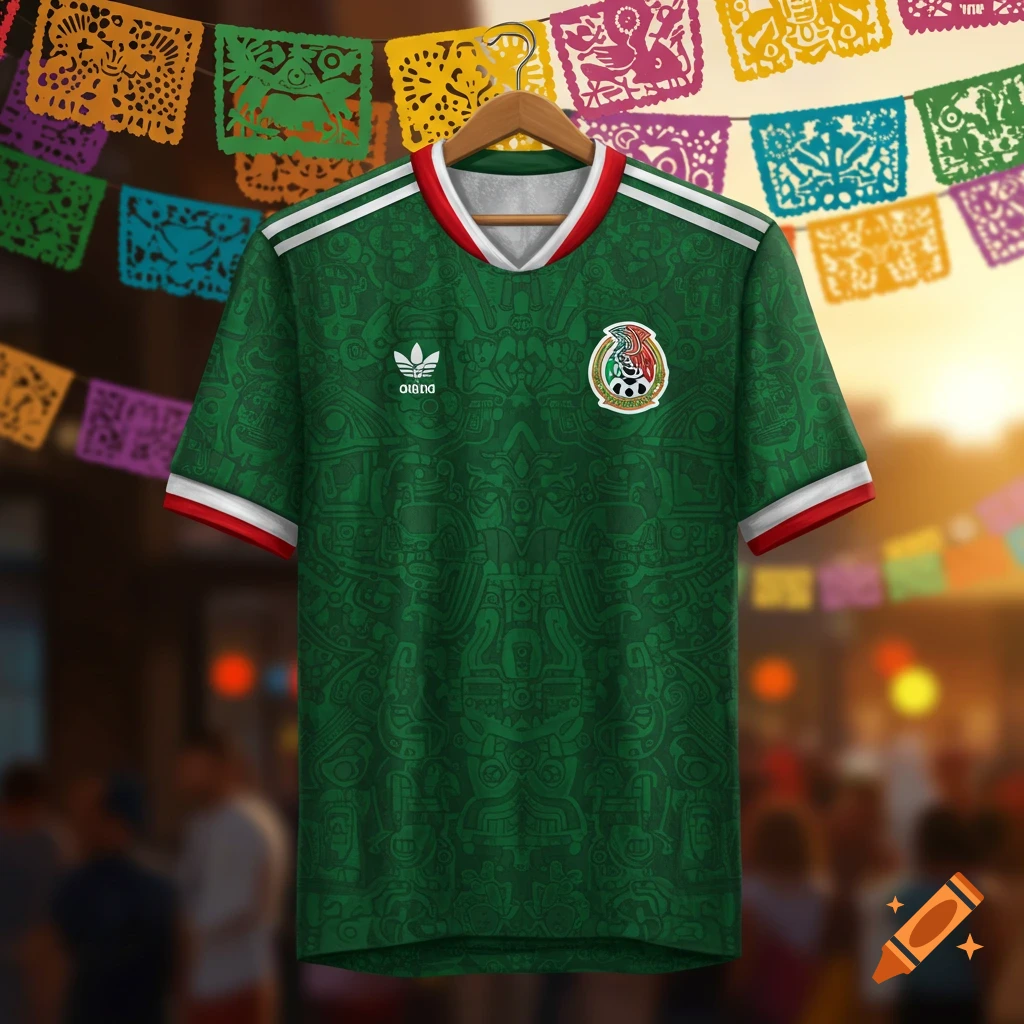 A green Mexico national football team jersey with white and red trim hangs against a background of colorful papel picado banners.