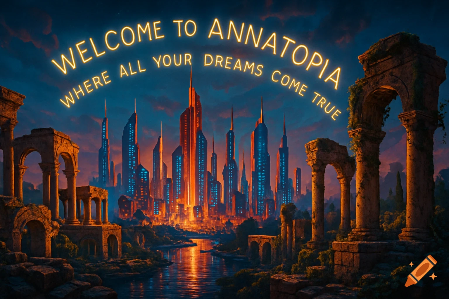 A glowing neon sign over a futuristic city with red and blue lights and ancient ruins at dusk, reflected in a river.