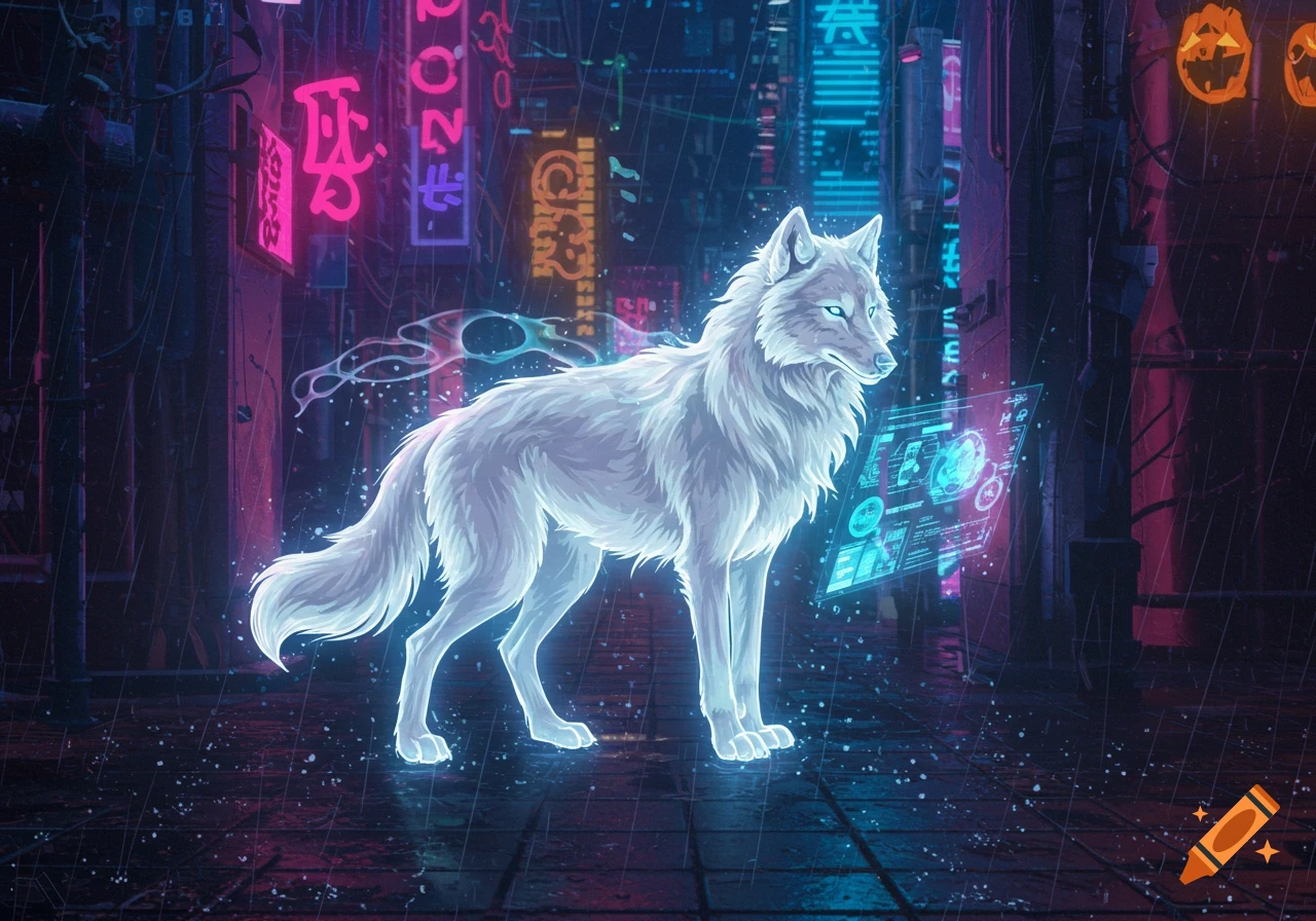 A glowing white wolf stands on a rainy cyberpunk city street with neon signs and holographic displays.
