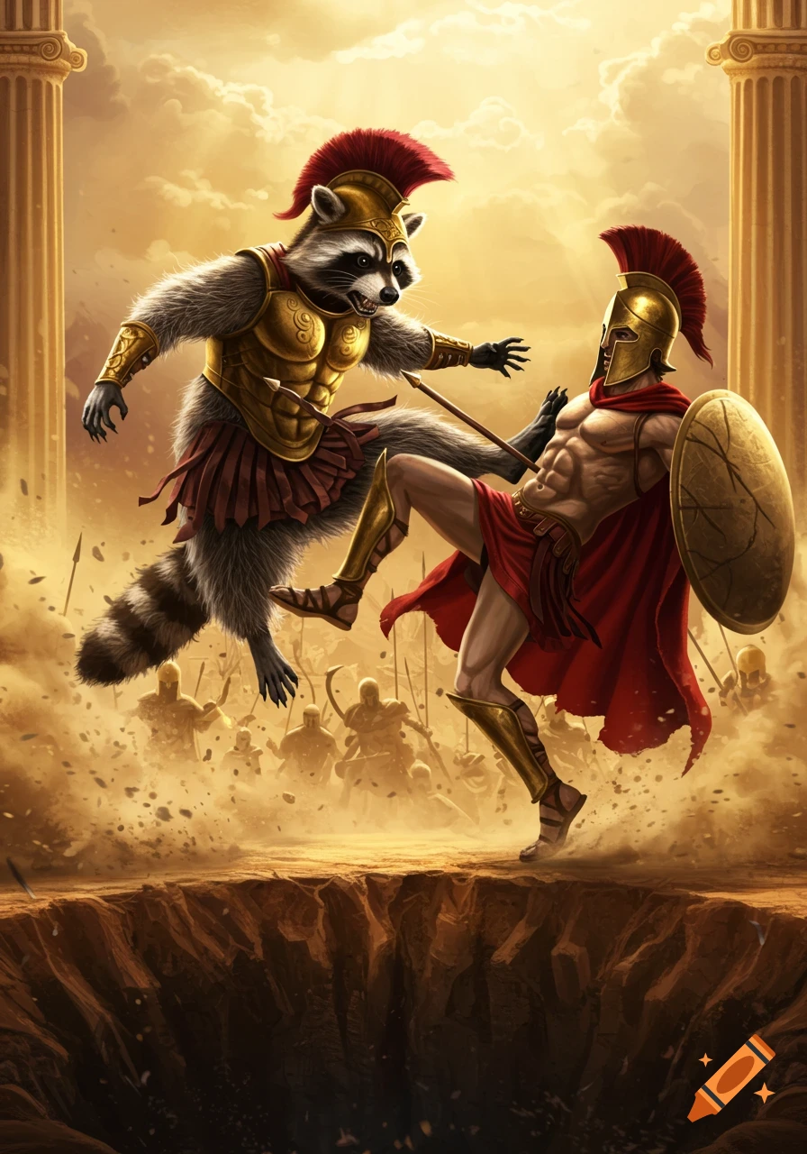 A raccoon dressed in golden armor kicks a Spartan warrior, sending him towards a bottomless pit during a dusty battle.