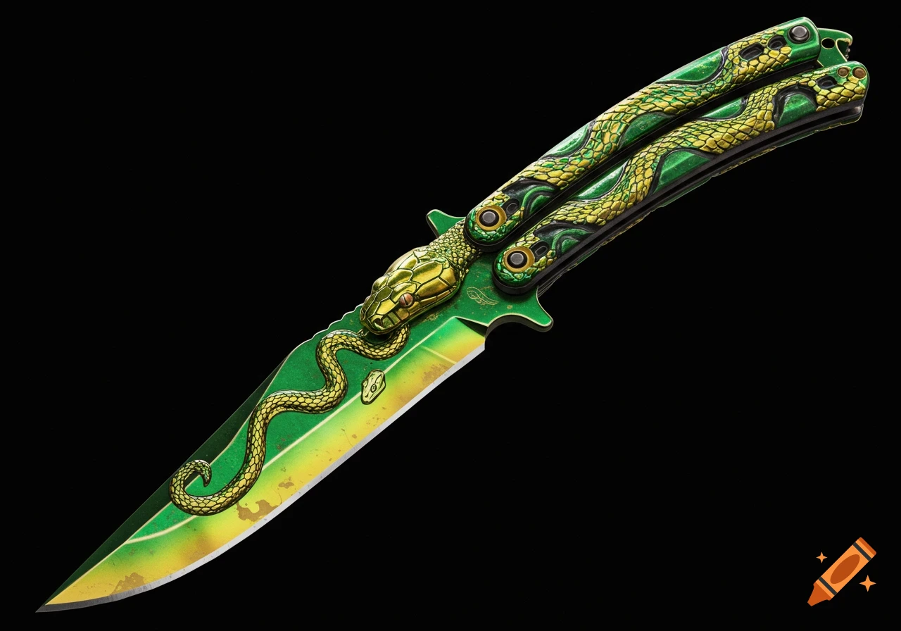 A detailed green and yellow butterfly knife with a snake head on the handle and a snake pattern on the blade and handles.