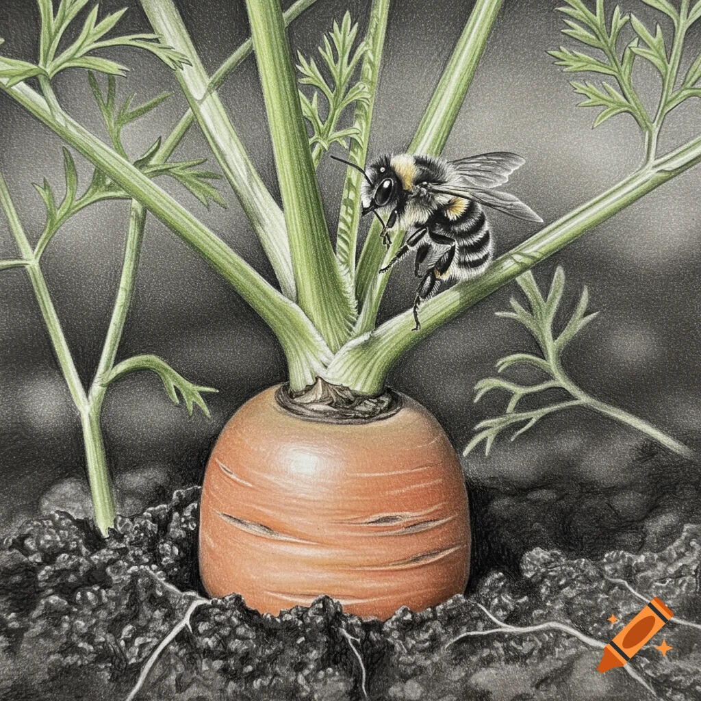 Pencil drawing of a bumblebee on the green leaves of a carrot growing in soil.
