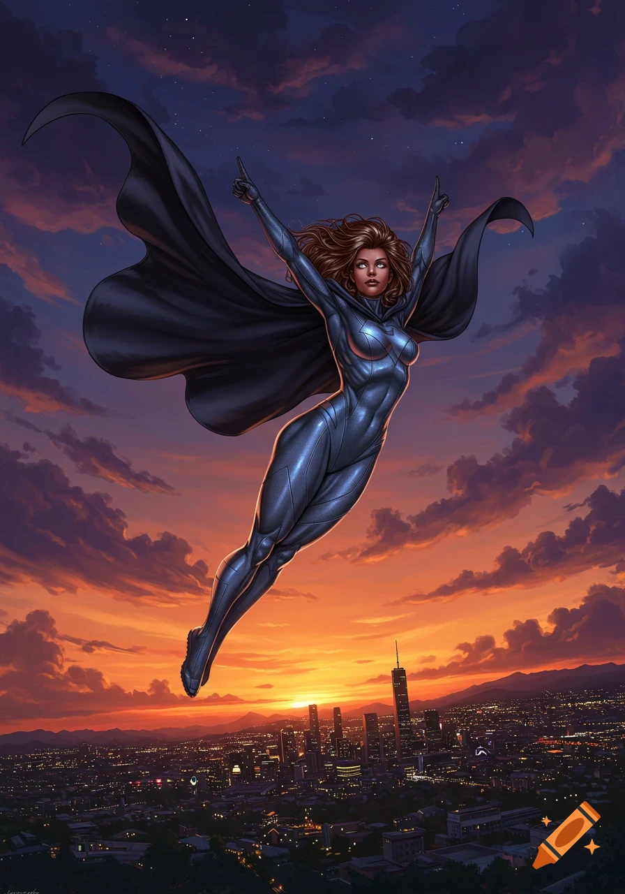 A female superhero in a dark suit and cape flies with arms raised over a city at sunset, with mountains in the background.
