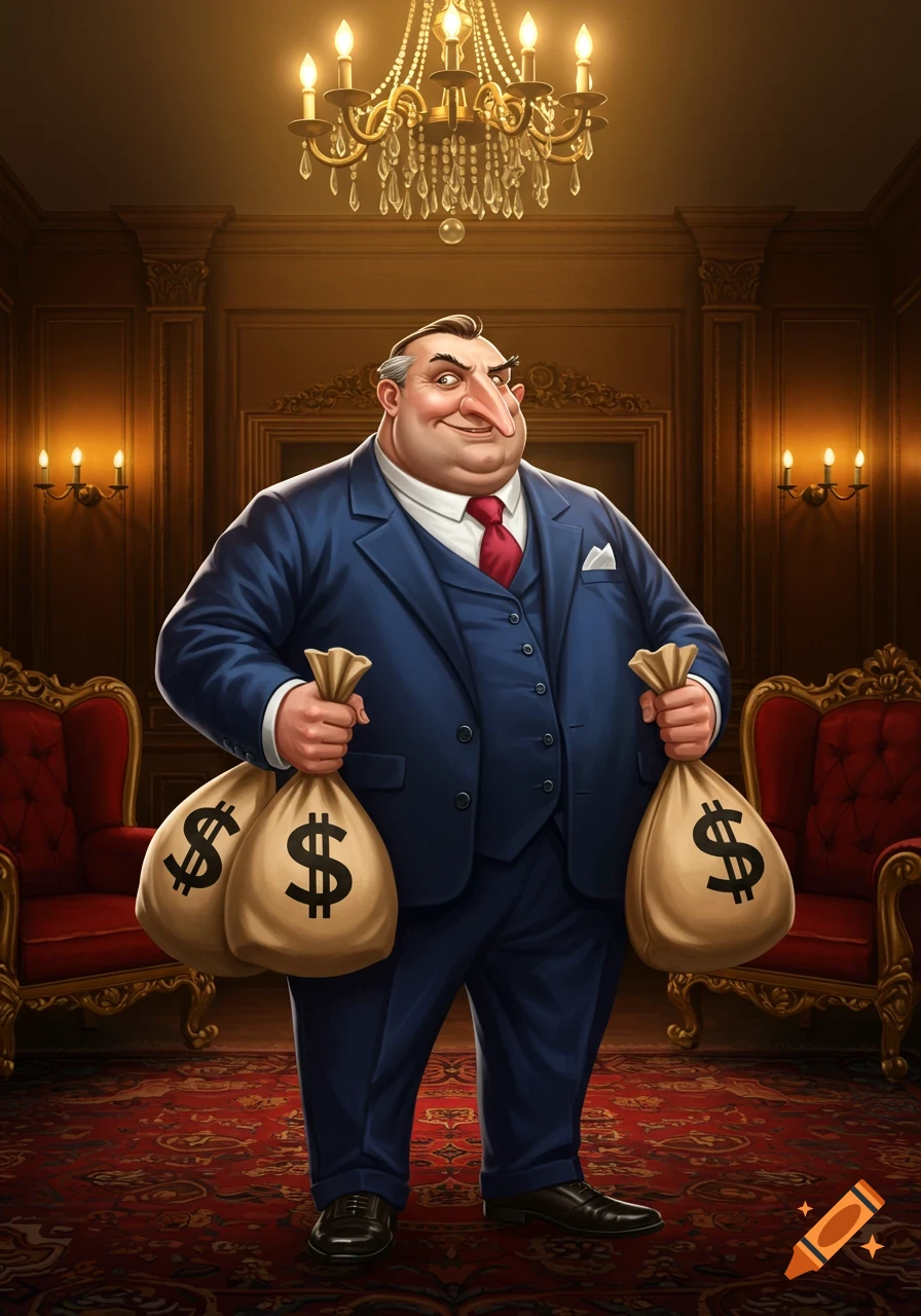 Cartoon man in a blue suit with a long nose holding two money bags with dollar signs in a lavish room.