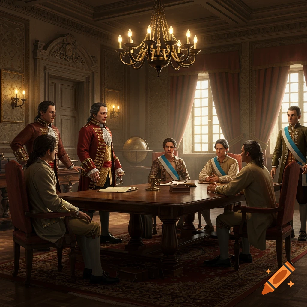 Men in 18th-century attire gathered around a large wooden table in an ornate, candlelit room with tall windows.