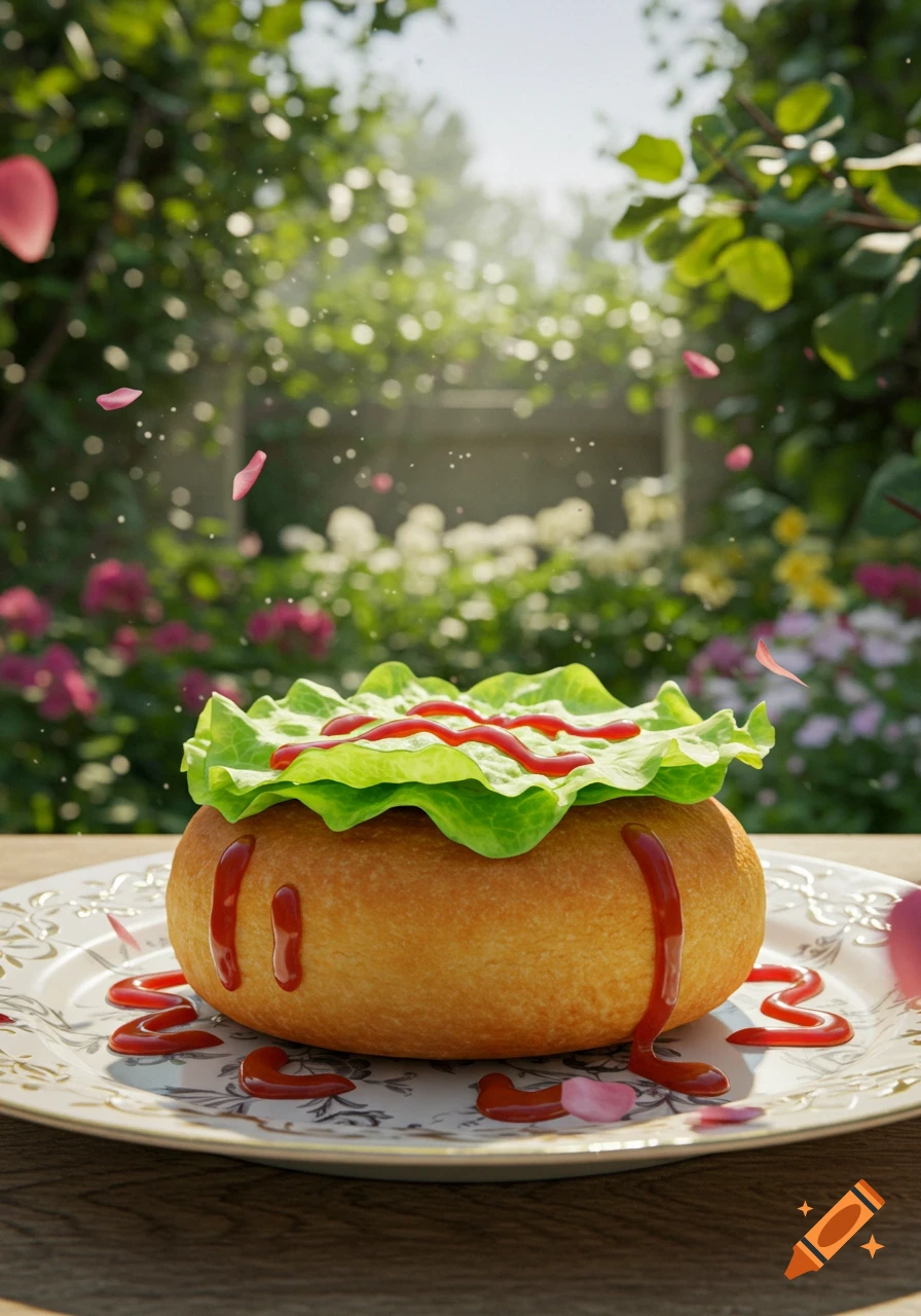 A golden bun with lettuce and ketchup on a decorative plate in a sunny garden with falling pink petals.
