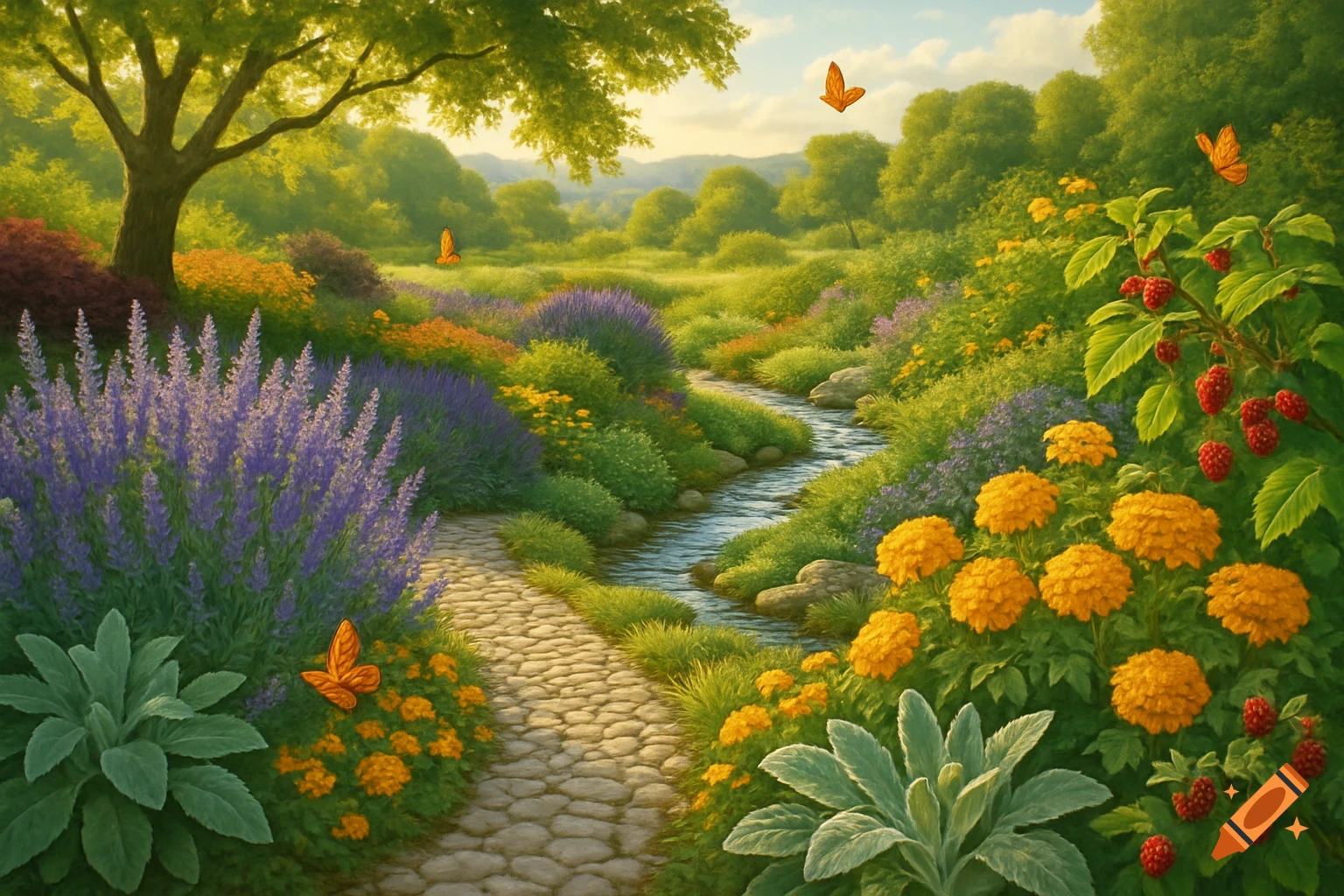 A vibrant, illustrative garden scene with a stone path, winding stream, colorful flowers, lush trees, and butterflies.