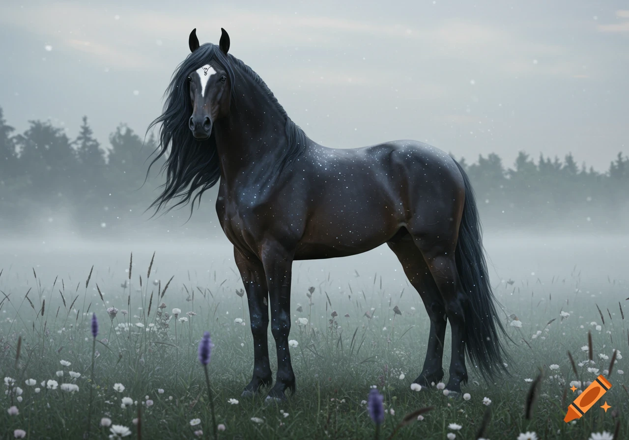 A majestic black horse with a flowing mane, a white blaze, and star-like specks stands in a misty field of flowers.
