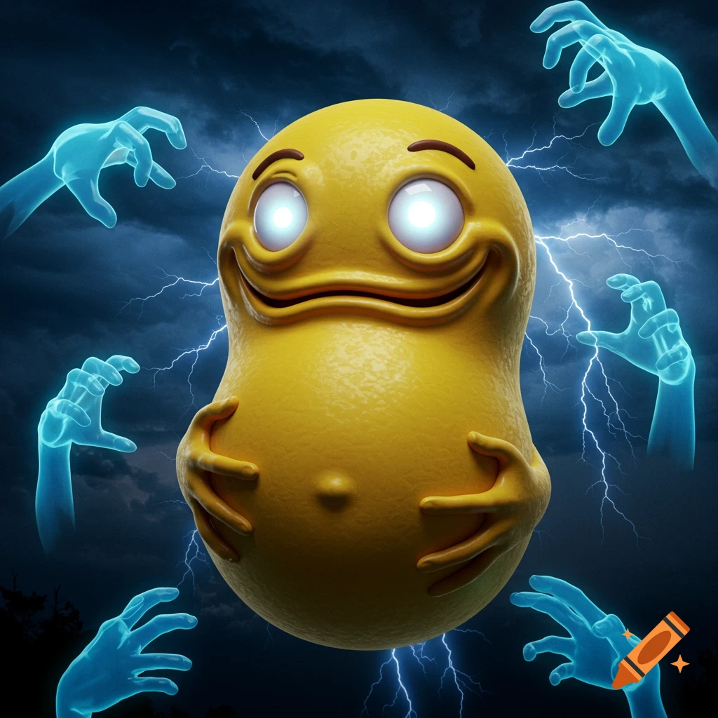 A large yellow, potato-shaped emoji with glowing eyes and small hands holding its belly, surrounded by ghostly blue hands and lightning against a stormy sky.
