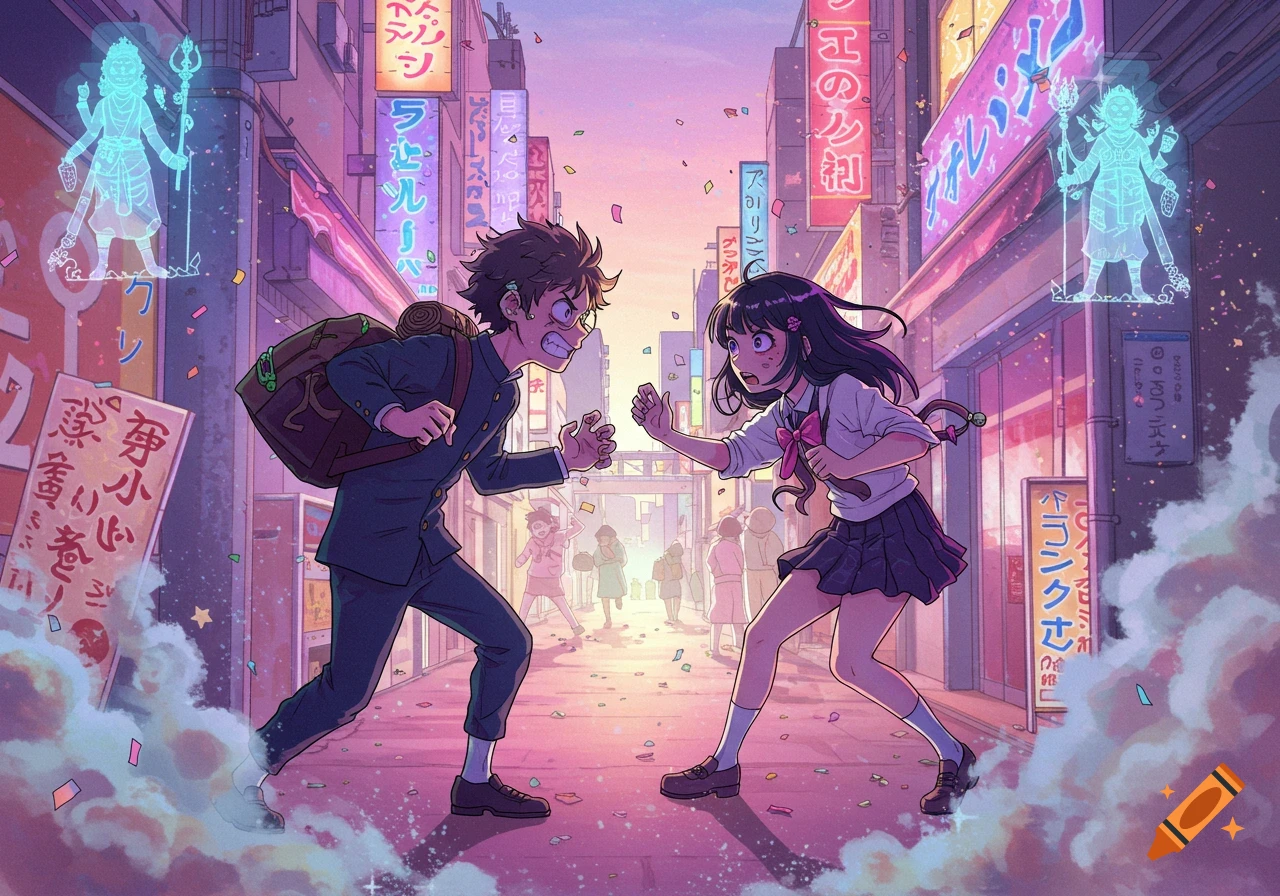 Anime school boy and girl confront each other in a vibrant, neon-lit urban street with floating spiritual figures.