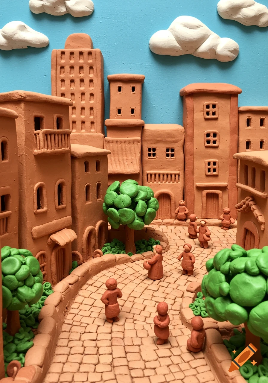 A vibrant clay miniature city with terracotta buildings, green trees, and small human figures on a cobblestone street under a blue sky with white clouds.