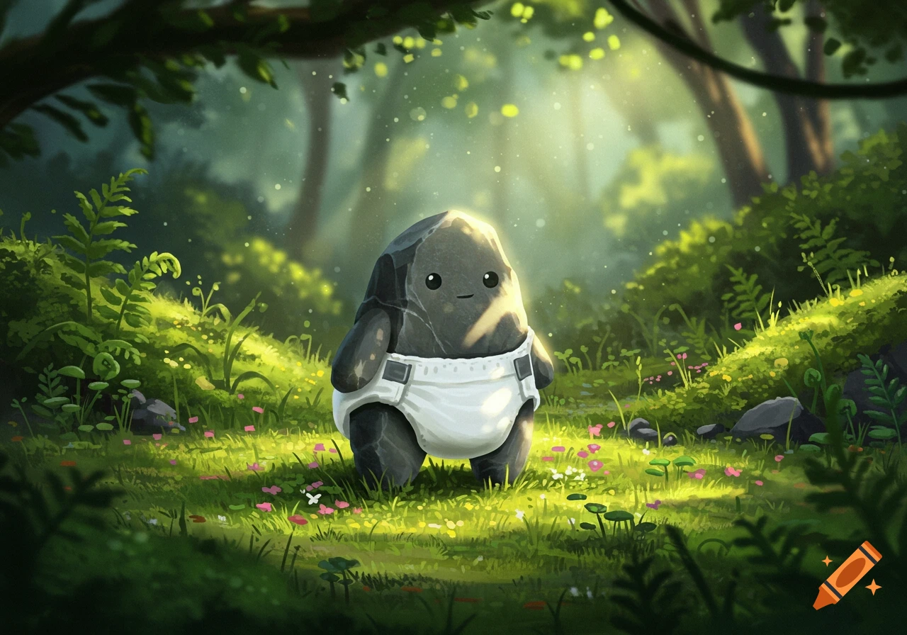 A cute, smiling rock creature wearing a white diaper stands in a sun-dappled green forest with ferns and small flowers.
