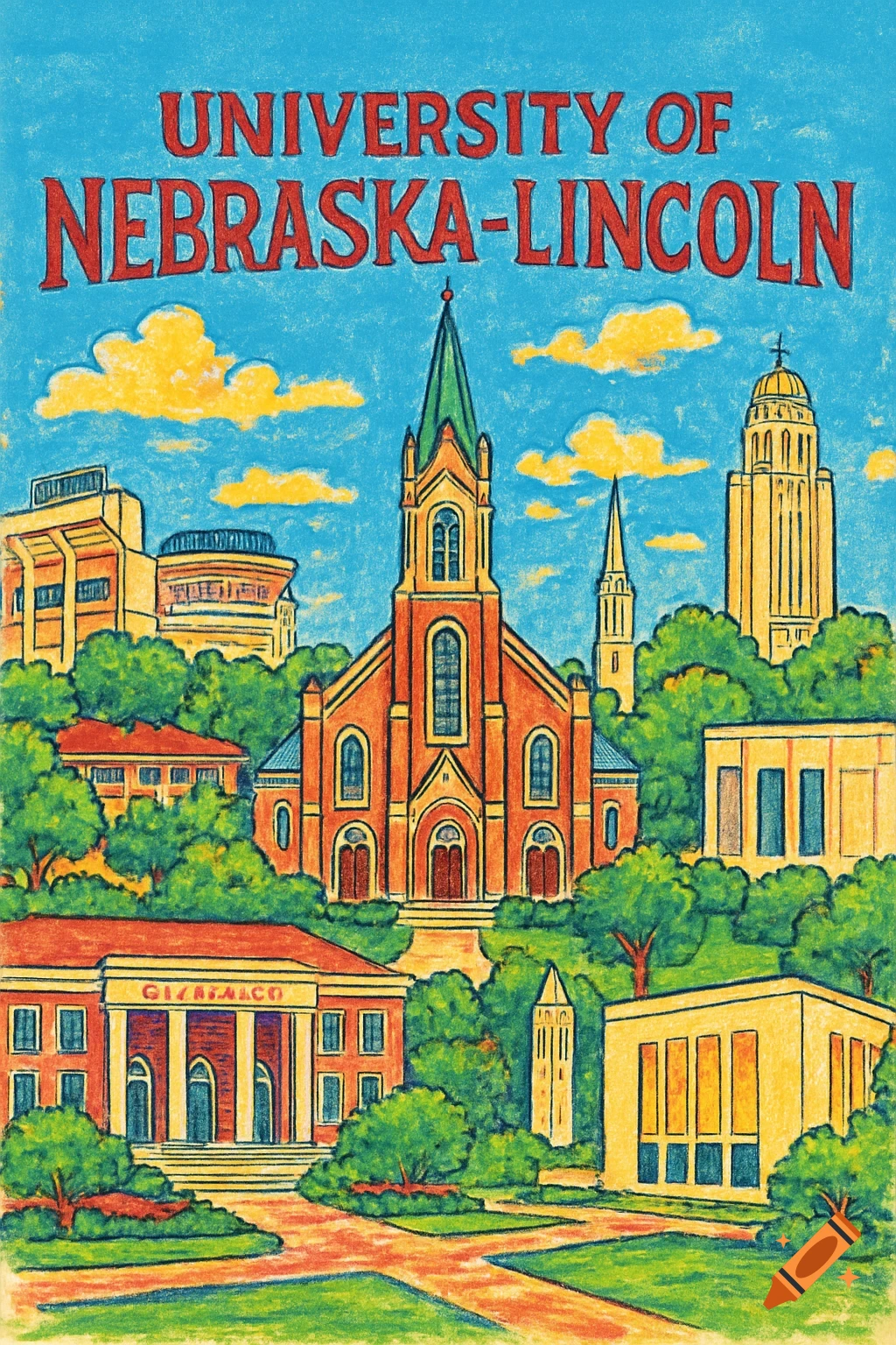 A hand-drawn, messy screen-print style illustration of the University of Nebraska-Lincoln campus with various buildings and lush trees.