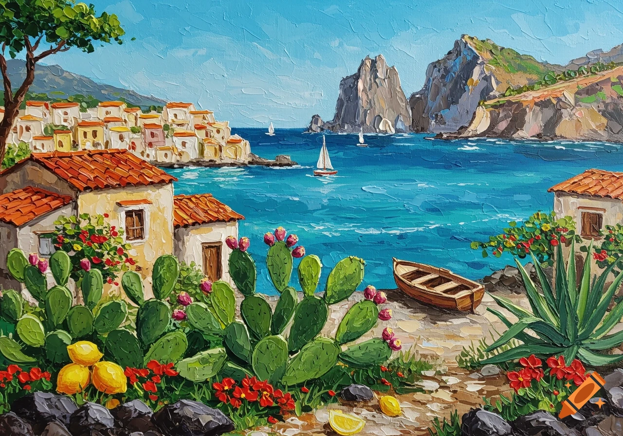 A vibrant impasto painting depicts a coastal Sicilian village with white houses, cacti, lemons, a boat on blue waters, and rocky islets under a clear sky.