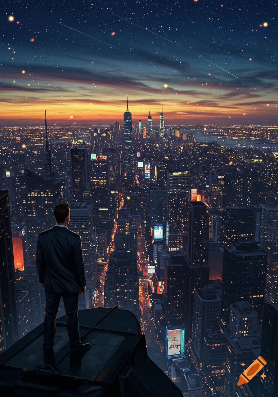 A man in a suit stands on a skyscraper roof, overlooking a vast, illuminated city at dusk under a starry sky.