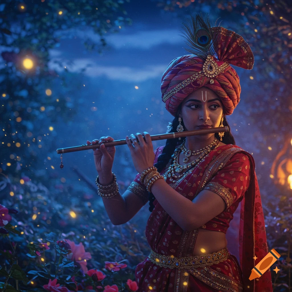 A woman in traditional Indian attire with a turban and peacock feather plays a flute in a magical, glowing forest at night.